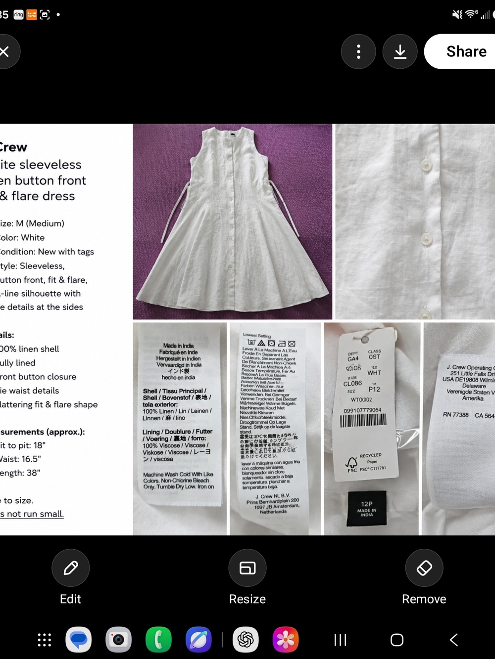 J. Crew White Sleeveless Linen Button-Front Dress Size Petite 12